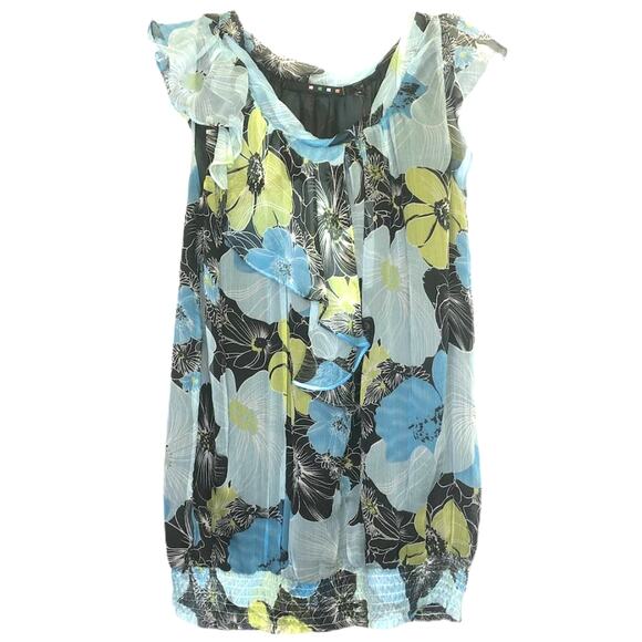 Bellatrix 100% Silk Sheer Blue  Yellow Floral Ruffle Cap Short Sleeve Top L - Picture 1 of 4